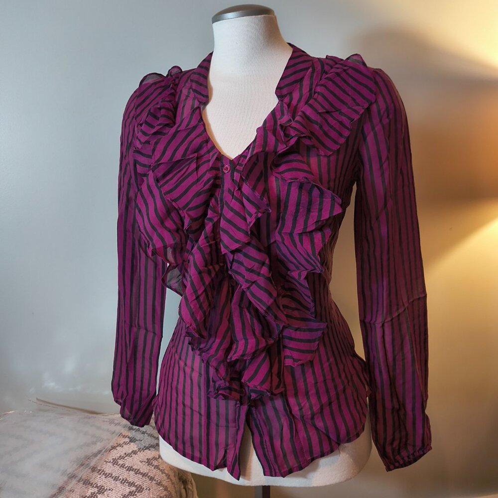 Down Ruffle Stripes Long Sleeve Blouse